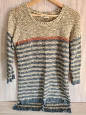 Pink Rose Striped Sweater Women’s L Beige Blue Rust Loose Knit 3/4 Sleeve